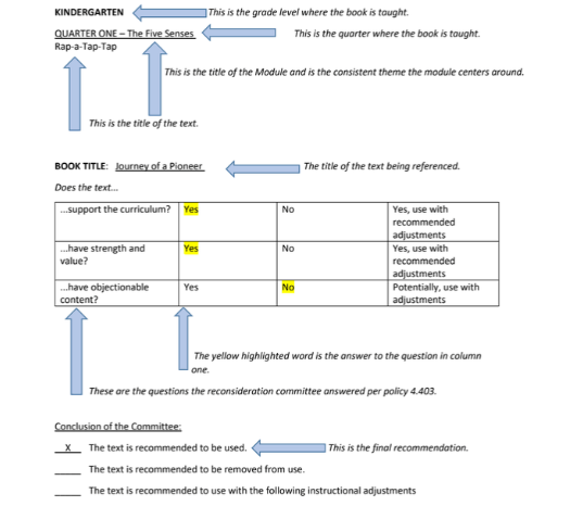 Key that shows tabular data of curriculum review outcomes.