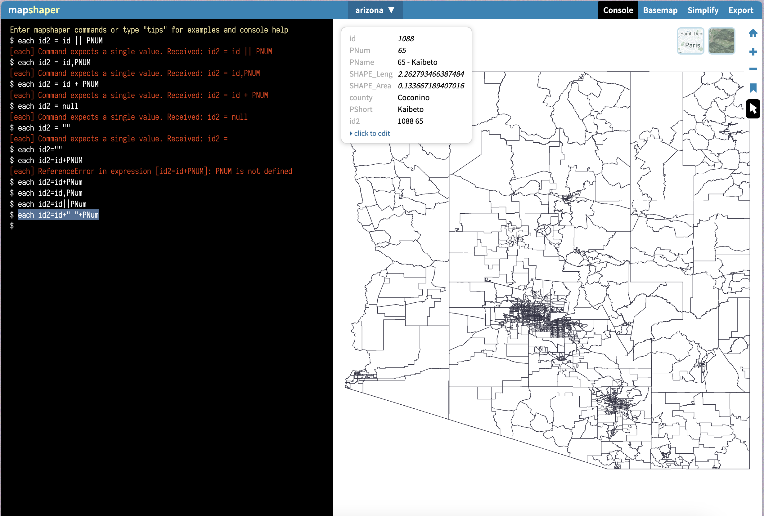 Screenshot of a series of incorrect console commands and an image of Arizona's voting precincts on Mapshaper.