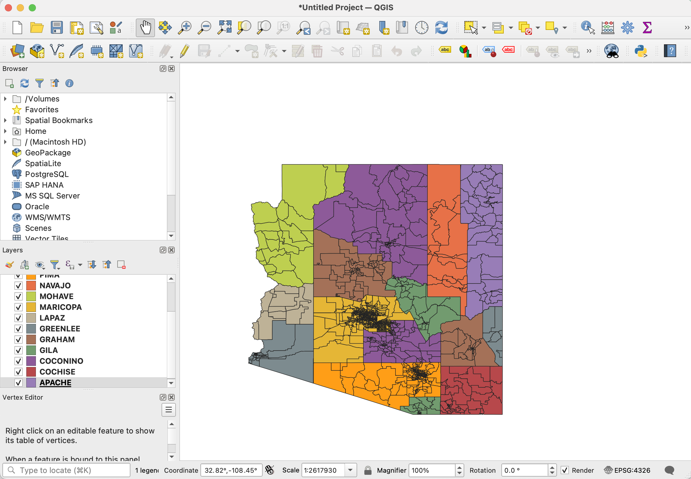 Colorful image of Arizona's 15 counties on a mapping software.